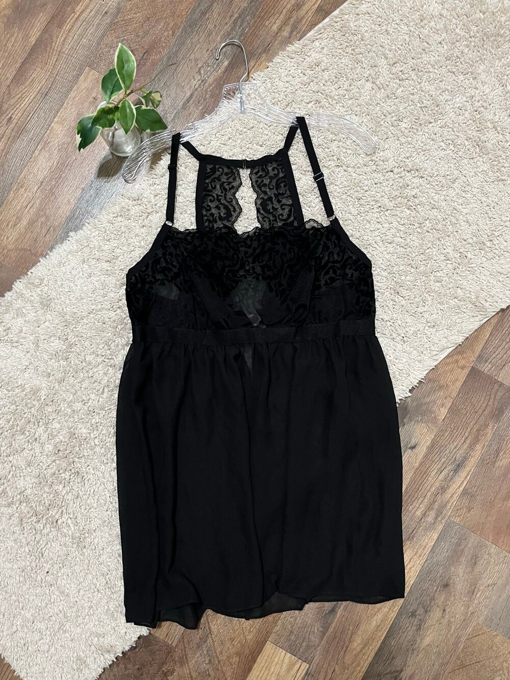 Cacique Lane Bryant Size 14/16 Black Sheer Velvet Babydoll Negligee Nightie